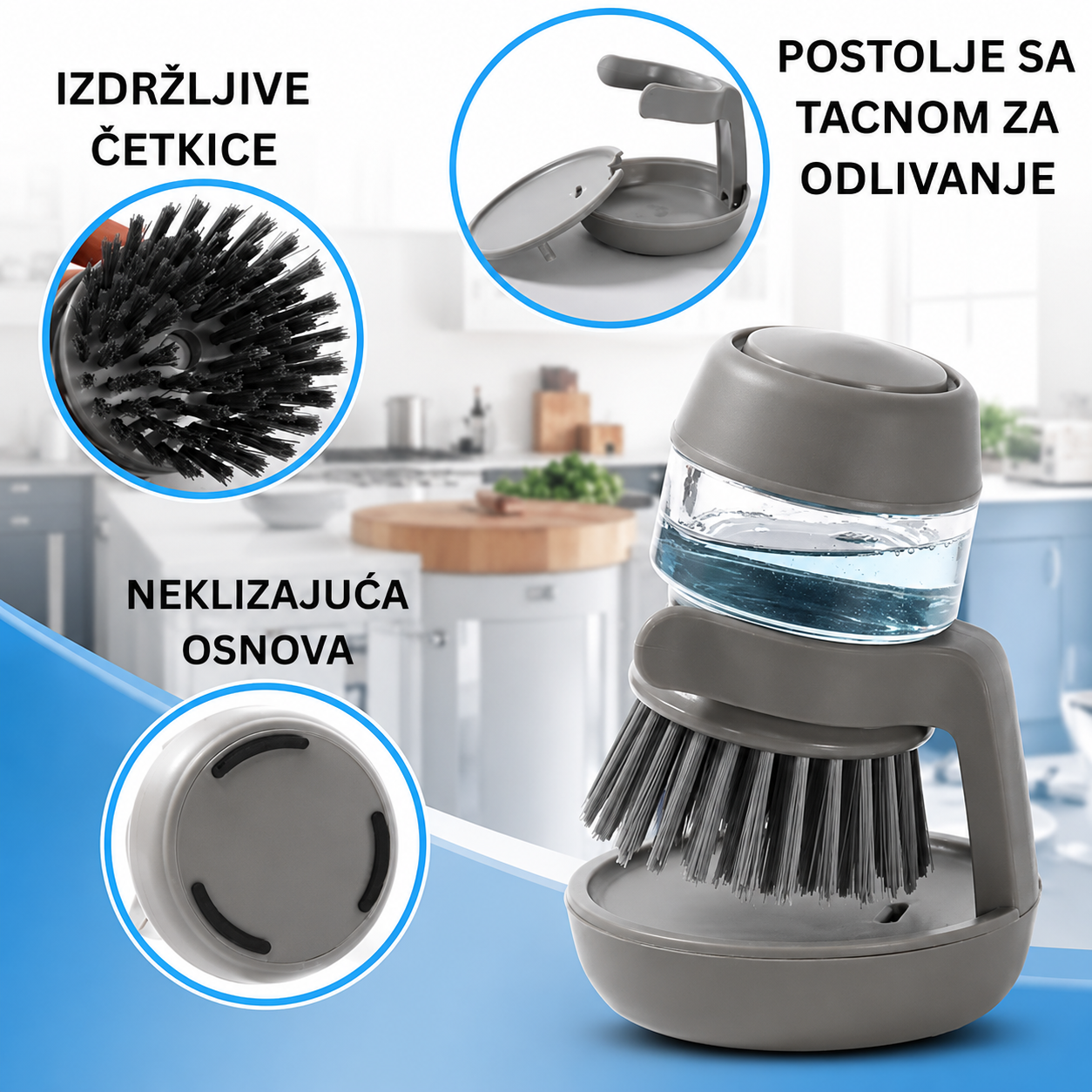 Kuhinjski četkasti čistač sa ugrađenim dozatorom sapuna CLEAN FLOW