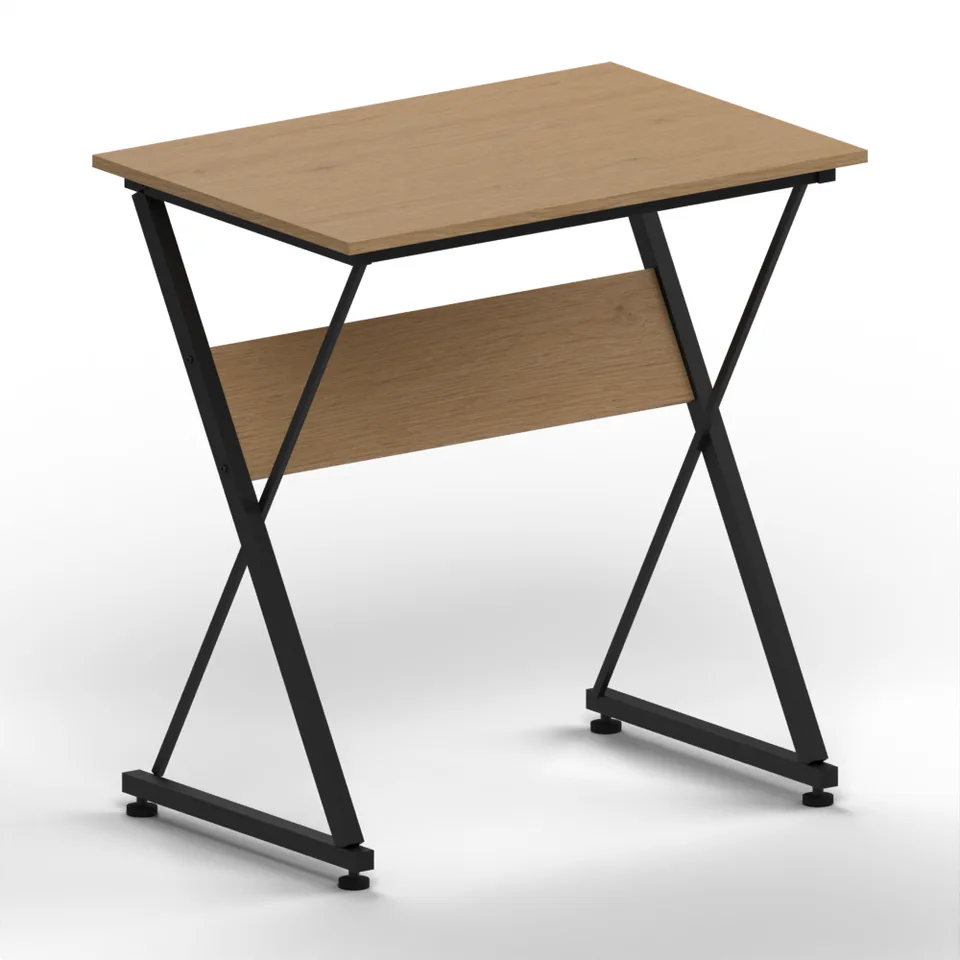 Kompjuter sto X DESK — svetli hrast i crna X konstrukcija, 3D prikaz